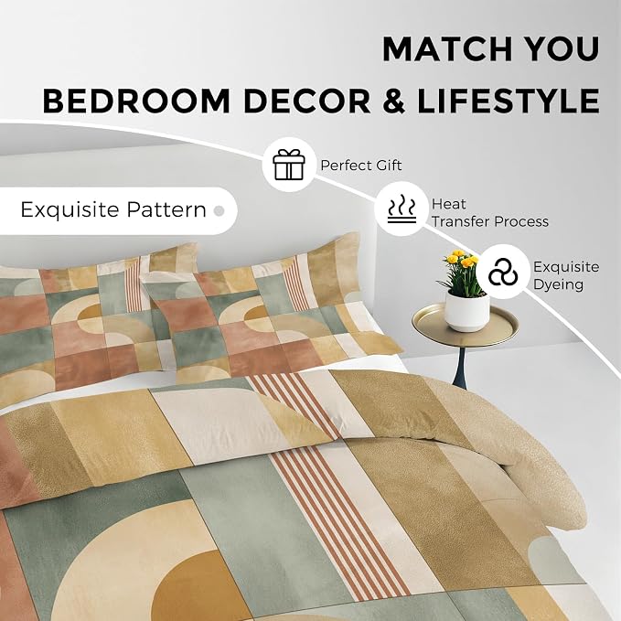 Mid Century Modern Duvet Cover Oversized King Size, Abstract Geometry Bedding Set 3 pcs with 2 Pillow Covers, Mid Century Bedroom Decor, Soft Microfiber Reversible, Zipper & Ties KJJT 81