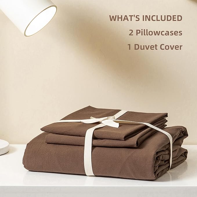 JIYUAN 100% Washed Cotton Duvet Cover Set 3 PCS Super King Plus, 1 Duvet Cover 120x120 Inches(Comforter Not Included) and 2 Pillowcases,Linen Feel Bedding Set Comfy and Breathable,Chocolate Brown