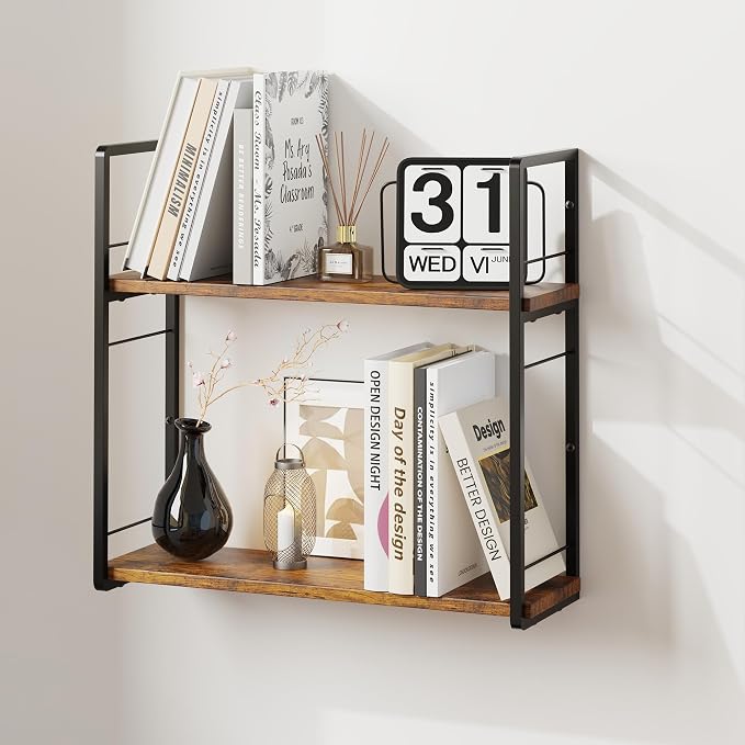Floating Book Shelves for Wall, 2-Layer Wall Bookshelf for Book Storage, Space Saver, 16in Stud Hanging Shelf, Bedside Shelf for Living Room Bedroom Office, Dark Brown