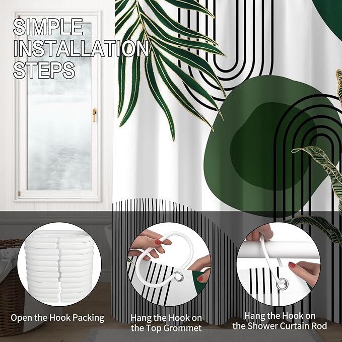 Mid Century Green Shower Curtain for Bathroom Boho Modern Abstract Plant Tropical Leaves Bathroom Curtain Set Geometric Arch Minimalist Waterproof Fabric Bath Decor 48x72 inch