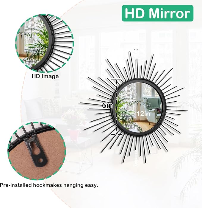 Sunburst Wall mirror Black Small Spoked Wall Decor Mirror Bohemian Home Round Modern Metal Wall Art Mirror for Living room Hallway Bedroom Bathroom Balcony Farmhouse Entrance 12"