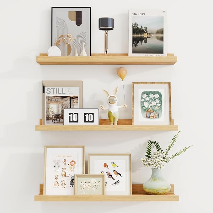 Axeman Picture Ledge Shelf | 24 Inch Oak Floating Shelves Set of 3 | Rustic Wood Wall Shelves with Lip | 24" Oak Picture Shelf for Wall with Ledge | Photo Shelves