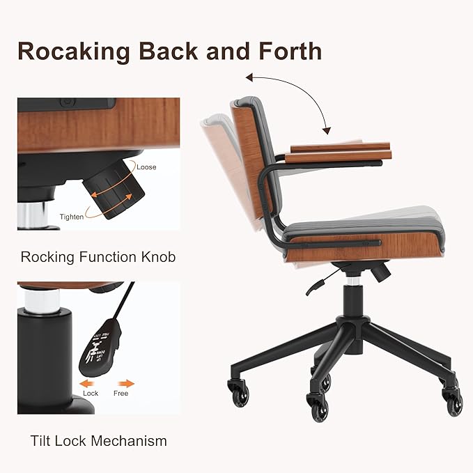 Ergonomic Office Chair with Rubber Wheels & Walnut Arms - PU Leather Mid-Back Desk Chair, Adjustable Height, Bentwood Backrest | Swivel Rocking Design for Home Office, Meeting Room, Study