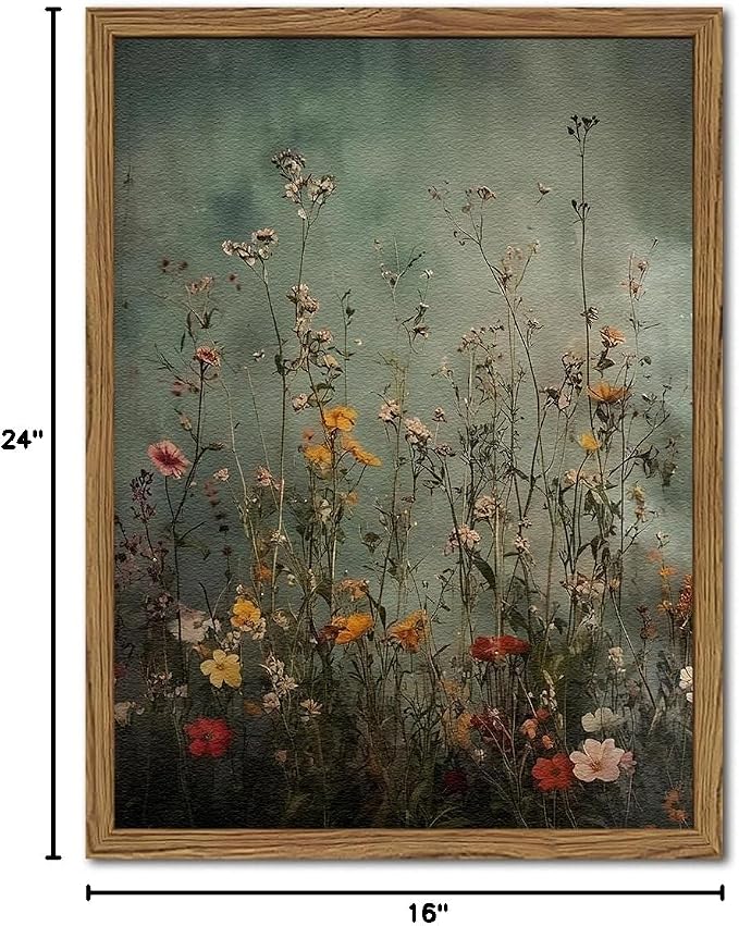 Vintage Wildflower Wall Art, Green Flower Wall Decor Painting, Hand Drawn Sandstone 3D Textured Farmhouse Botanical Nature Landscape Artwork for Living Room Bedroom 16x24 inch Wood Framed