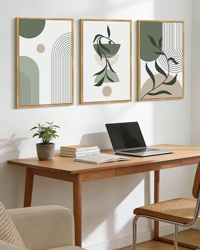 KUVIOKE Boho Wall Art Framed Botanical Modern Plants Wall Printing Green Neutral Abstract Geometric Prints Bohemain Sage Decor for Farmhouse Living Dining Room 16x24in (Natural Framed)