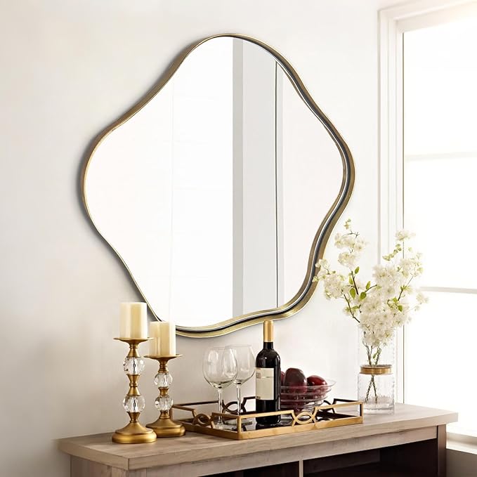 Asymmetrical Mirror, 28" Irregular Round Mirror with Gold Metal Frame, Modern Scalloped Wall Mirrors Decorative, Wavy Shaped Mirrors for Living Room Bathroom Bedroom Hallway Entryway