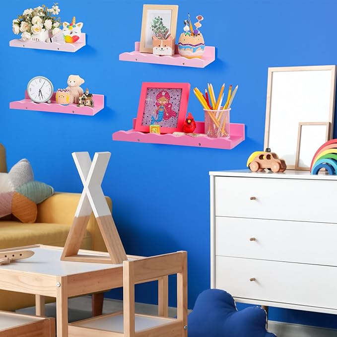 Suzile Set of 4 Floating Nursery Book Shelves for Wall Wood Floating Bookshelves Picture Small Ledge Shelf for Wall Boys Girls Teen Room Bathroom Bedroom Decor Storage(Pink)