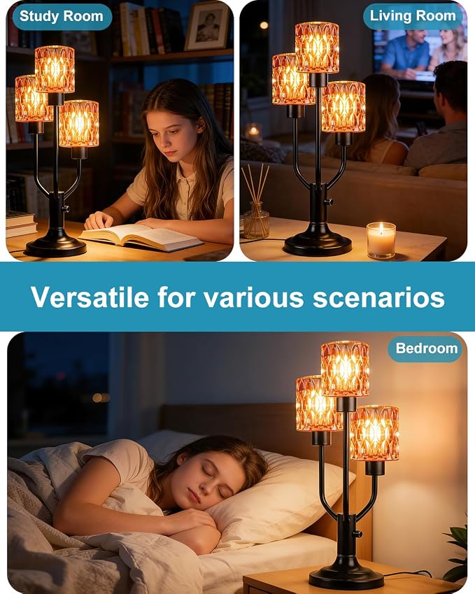 Lightdot Mid Century Modern Table Lamp Dimmable Nightstand Lamp Red Glass Vintage Black Desk Lamp 3 Bulbs Included Warmwhite Ambient Bedside Lamps for Living Room Bedroom Girls Room Home Office Decor