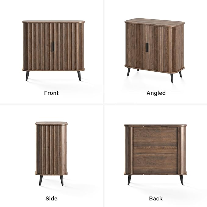Accent Cabinet with Sliding Doors - Walnut Sideboard Buffet Cabinet with Storage for Coffee Bar, Console Table - MCM Design Bar Cabinets for Modern Home Décor Set 2