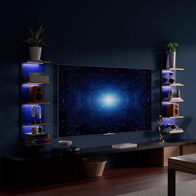 Homaterial 5 Tier Wall Shelf Unit, Modern Vertical Lack Wall Shelves with Light, Wall Mount, Floating Column Home Decor Shelves for Bedroom, Living Room, Vanity Storage Display(Blue)