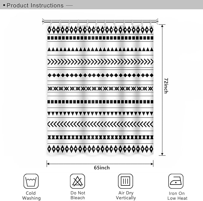 Black and White Fabric Bathroom Shower Curtain Boho Abstract Geometric Pattern Waterproof Polyester Shower Curtains for Modern Minimalist Artistic Aesthetic Home Decorative, 65x72 Inch