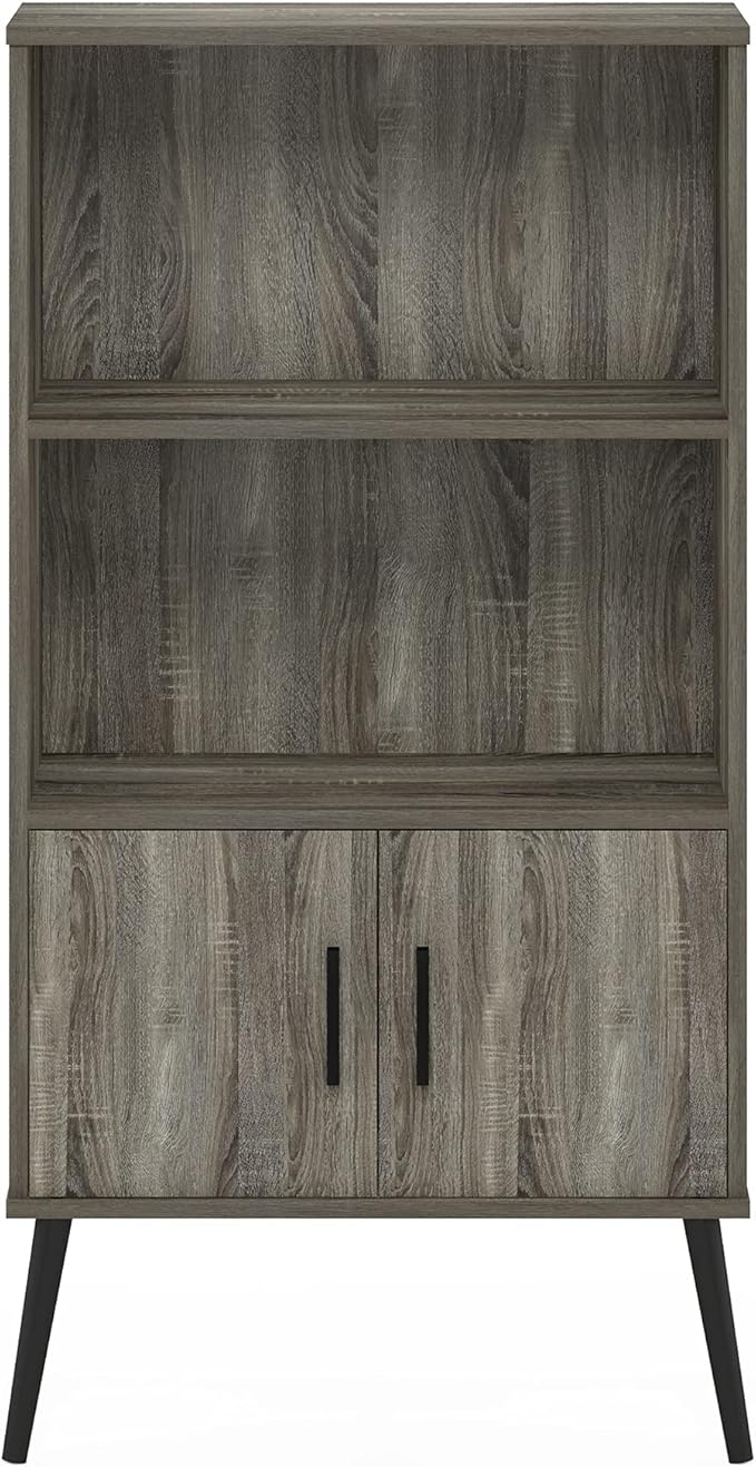 Furinno MIDCENTURY Storage Shelves, Mid-Century Style Accent Storage Cabinet with Doors and Shelves, Bookshelf with Legs, for Living Room, Home Office, Grey Oak
