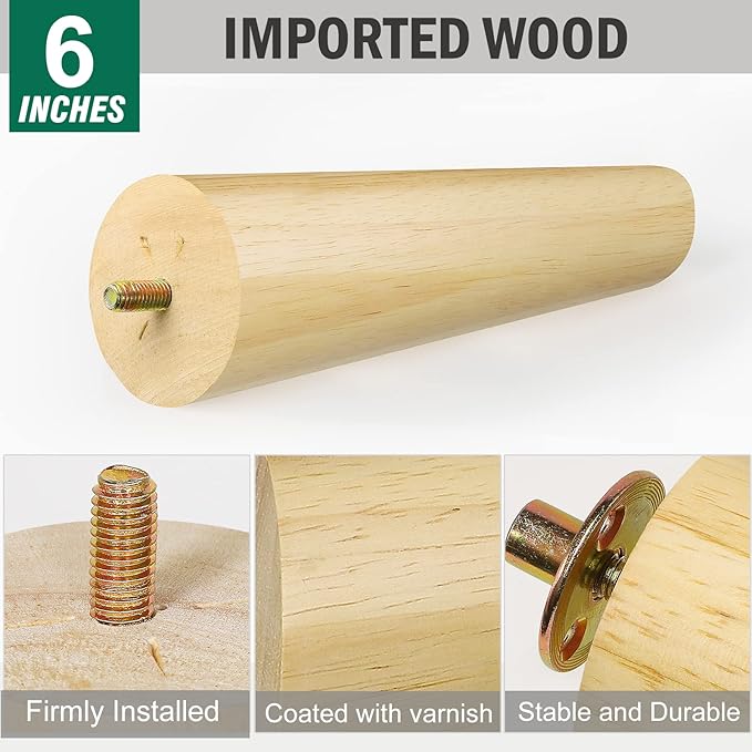 FoDau770 Rubber Wood Furniture Legs 6 Inches, Slant Tapered Wood Feet Mid Century Sofa Legs Set of 8, 5/16" UNC Furniture Feet Replacement Parts for Cabinet Couch Dresser Chair Ottoman Table