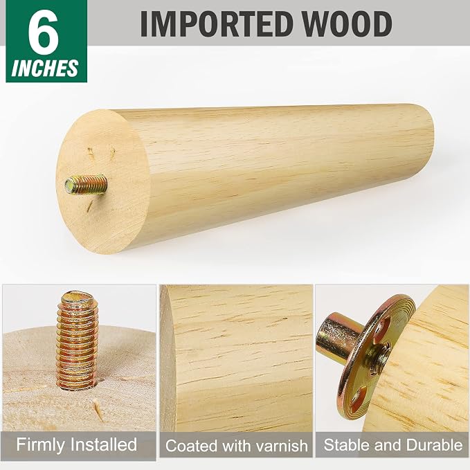 FoDau770 Rubber Wood Furniture Legs 6 Inches, Slant Tapered Wood Feet Mid Century Sofa Legs Set of 8, 5/16" UNC Furniture Feet Replacement Parts for Cabinet Couch Dresser Chair Ottoman Table