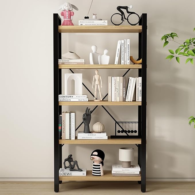 Real Solid Wood Bookshelf Shelves Rustic Vintage Industrial Etagere Bookshelf, Metal & Timber Free Vintage Bookcase, (Genuine Timber) (5-Tiers-Natural Finish)