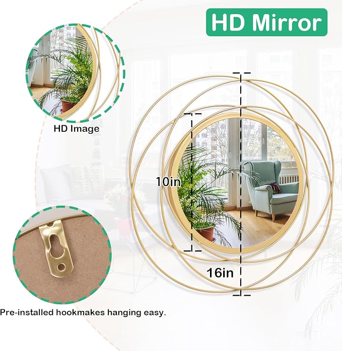 Large Round Mirror with Iron Metal Wire Frame Wall-Mounted Mirror for Home Decorative Living Room Bedroom Bathroom Entryway 16” x 16”
