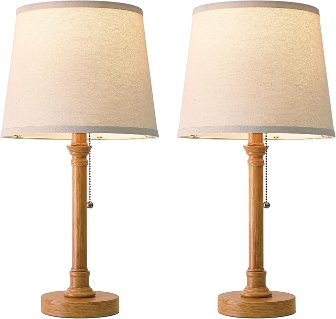 Oneach 19.5" Small Table Lamps Set of 2, Pull Chain Switch Bedside Table Lamps, Modern Nightstand Lamp with Linen Shade, Rustic Lamp for Living Room, Bedroom, Home Office, Nursery