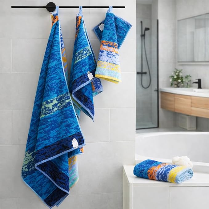 SEMAXE Bath Towel Set of 8 Include 2 Bath Towels, 2 Hand Towels, 4 Washcloths, 100% Cotton Bathroom Towels with Hanging Loops and Nano-Bio Lifecycle Labels,Colorful Towel - The Starry Night Collection