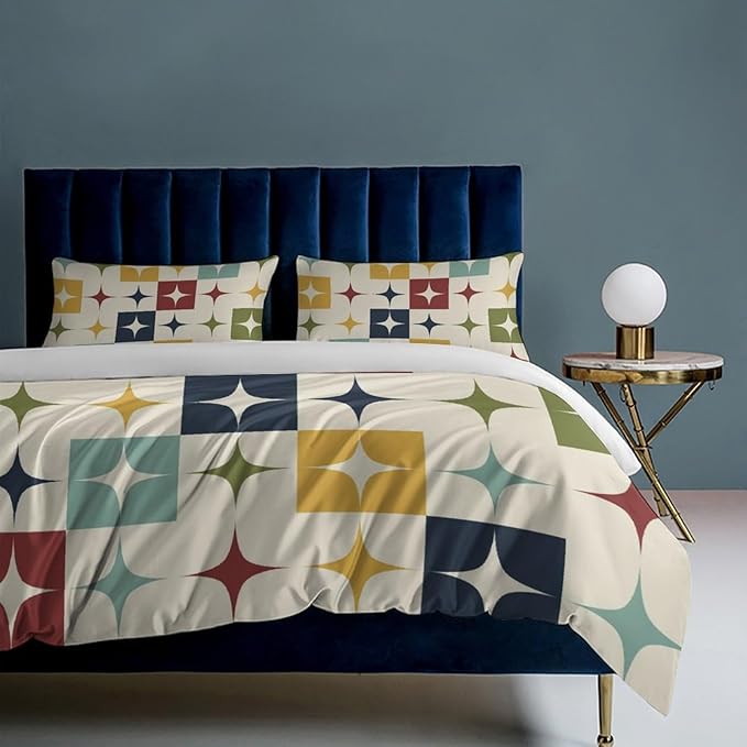Mid Century Duvet Cover Sets Aesthetic Abstract Geometric Mid Century Retro Printed Lightweight Soft Quilt Cover Minimalist Soft Microfiber 3 Piece (1 Duvet Cover 90x102in + 2 Pillow Sham 20x30in)