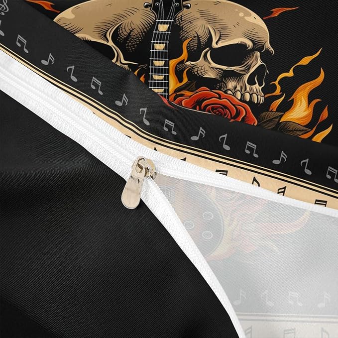 Erosebridal Guitar Rose Toddler Duvet Cover for Teens Boys - Floral Gothic Skull Flame Bedding Set Punk Rock Roll Music Comforter Cover,Vintage Musical Notes Bed Set
