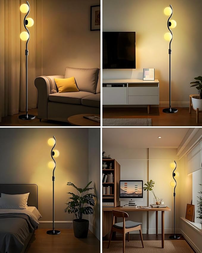 3 Globe Floor Lamp Dimmable Black Floor Lamps with 3 Soft Warm White 3000K Bulbs, Mid Century Modern Standing Tall Lamp with 5Lbs Heavy Basefor Living Room Bedroom Home Decor Sofa Beside