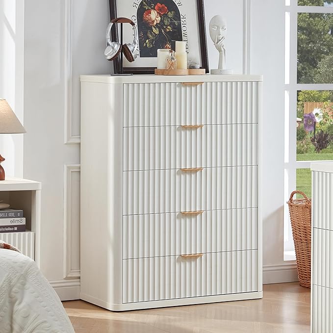 LEYAOYAO Fluted 5 Drawers Dresser Set of 2, 41" Tall Modern Chest of Drawers with Metal Handle, Curved Profile Dresser TV Stand, Wooden Drawer Organizer for Bedroom, Living Room, Hallway,Antique White