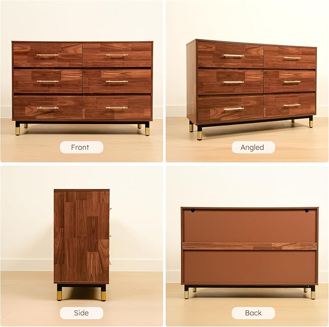 Walnut 6 Drawer Dresser for Bedroom, Modern Brown Wood Chest of Drawers with Wide Storage for Clothes, Closet, or Living Room