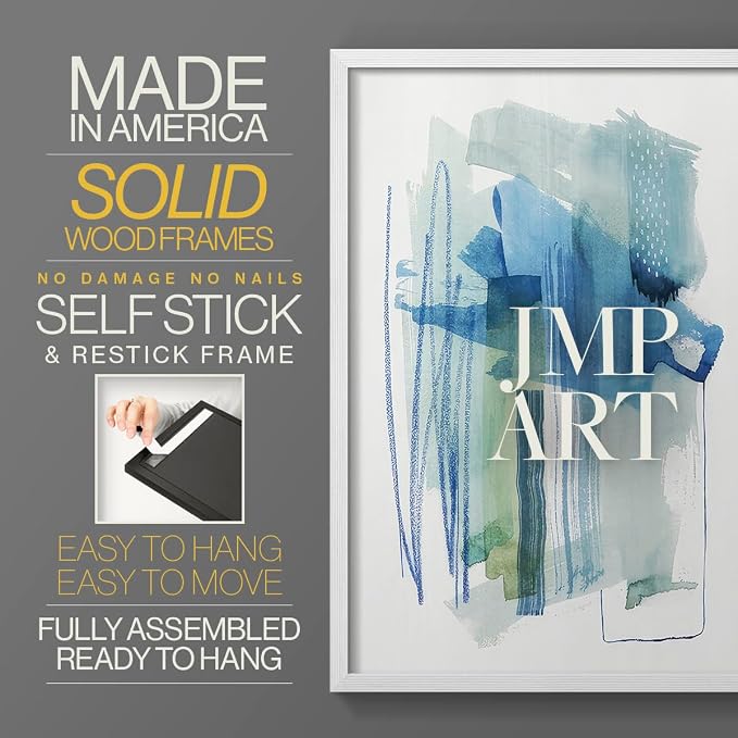 Renditions Gallery Set of 2 Peel & Stick Framed Prints, Modern Abstract Wall Art, Blue and Neutral Bold Brushstrokes Wall Decor, Re-Stickable - Ready to Hang - 16"x20" - White Frame LT588