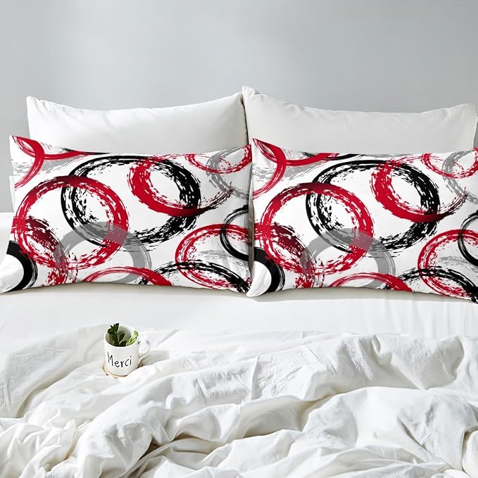 Geometric Circle Duvet Cover Set Twin Size,Graffiti Retro Striped Swirls Bedding Set,Boys Girls Room Decor,Abstract Aesthetic Stripes Comforter Cover,Red White Quilt Cover,1 Pillowcase(No Filler)