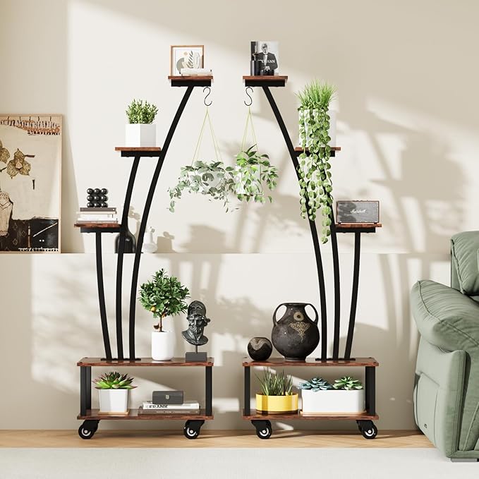 5-Tiered Tall Plant Stand Indoor, Cone-shaped Metal Plant Stand with Wheels and Hanging Hooks, Farmhouse Wood Plant Shelf Indoor for Living Room, Balcony, Garden, Rustic Brown (2 Pack)