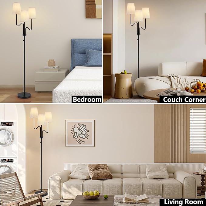 9MMML Farmhouse Dimmable Floor Lamp, Rustic 3-Light Floor Lamp with Fabric Shade, 68'' Tall Floor Standing Lamp for Living Room, Bedroom, Office, Corner, 3 x E26 LED Bulb Included