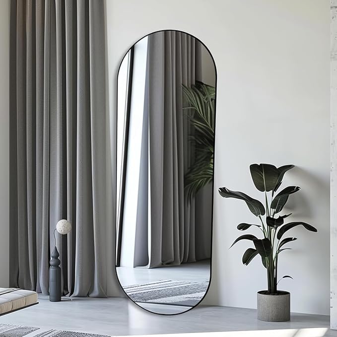 Arched Full Length Floor Mirror, Oval Full Floor Mirror, Large Wall Mounted Arched-Top Body for Living Room, Bedroom, Bathroom, Entryway, Dressing Room (Black, 64 * 21)