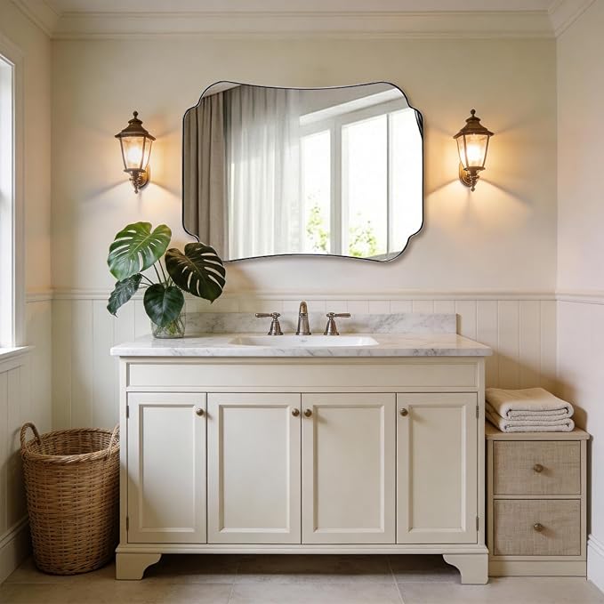 ANDY STAR Brushed Nickel Mirror 30x40 Inch, Bathroom Mirror for Wall, Large Scalloped Wall Mirror in Anti-Rust Stainless Steel Metal 1’’ Frame
