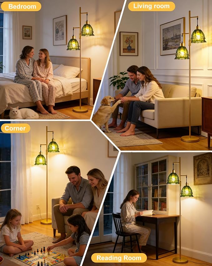 2-Light Modern Glass Floor Lamp, Gold Tall Standing Lamp with Green Lace Glass Shade for Reading, Dimmable LED Floor Lamp with 5Lbs Heavy Base for Living Room Bedroom Home Decor, Bulb Included