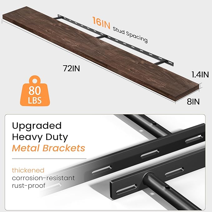 Fun Memories 72" Floating Shelves for Wall, Rustic Solid Elm Wood Floating Shelves - Invisible Bracket Mount, Extra Long Wall Mounted Shelf for Living Room, Bathroom, Bedroom, Kitchen, Walnut