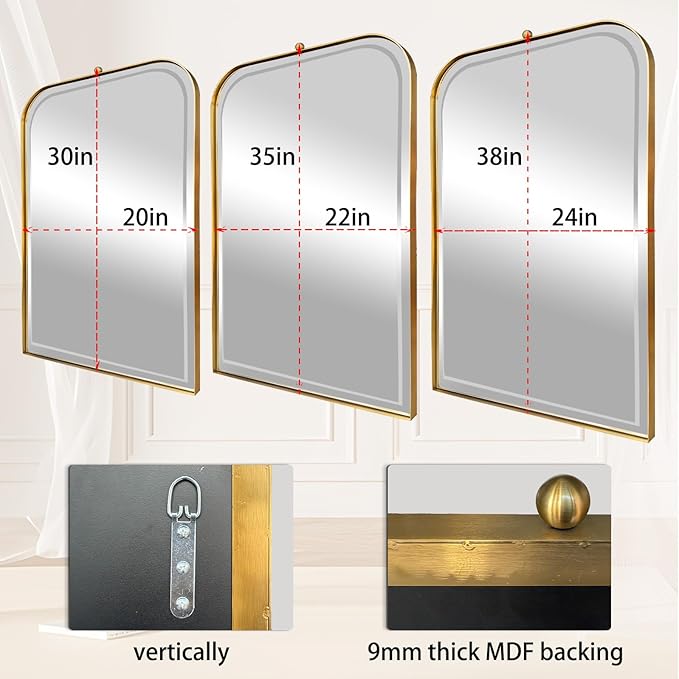 POZINO Brushed Gold Beveled Mirror, 20"x30" Arched Mirror for Over Sink, Rounded Rectangle Mirrors with Stainless Steel Frame, Brass Vanity Wall Mirrors for Bathroom Bedroom Living Room Entryway
