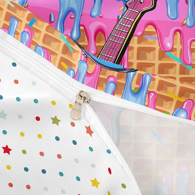 Erosebridal Guitar Music Toddler Comforter Cover for Girls - Blue Pink Ice Cream Drip Dessert Bedding Set Sweet Candy Duvet Cover,Summer Dessert Party Bed Set