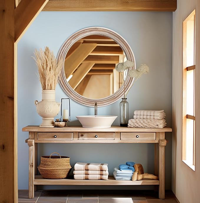 sawsile Round Wood Mirror,24 inch Circle Rustic Farmhouse Natural Wooden Frame Boho Beads Wall Mirror for Bathroom,Living Room,Bedroom or Entryway