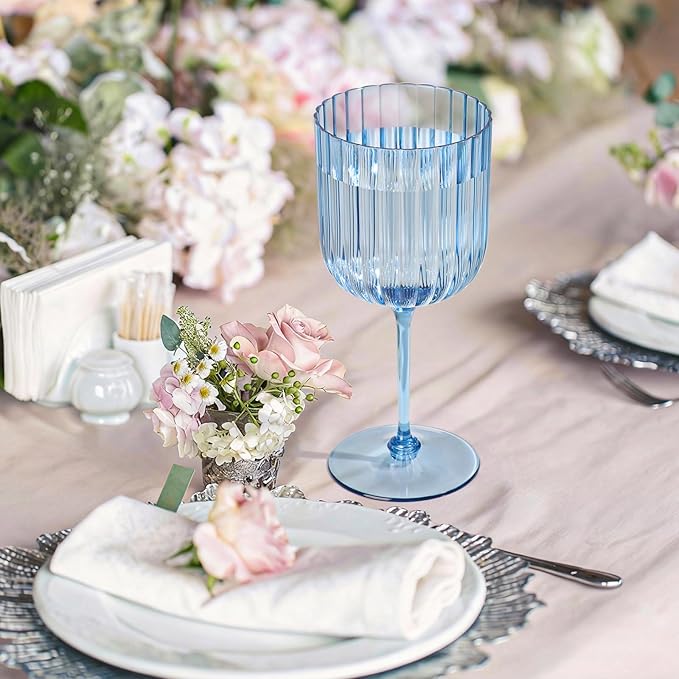 48 PCS Plastic Ribbed Wine Glasses 11oz Blue Detachable Wine Goblet Unbreakable Vintage Ripple Water Goblets Cocktail Drinking Cups for Parties Weddings Poolside Outdoors