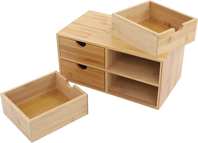 Bamboo Desk Organizer Small Retro Bamboo Tabletop Storage Box with Drawers& Recess Handles for Office Home Supplies Table Storage Collector 13 * 7.5 * 6in (4 Drawers)