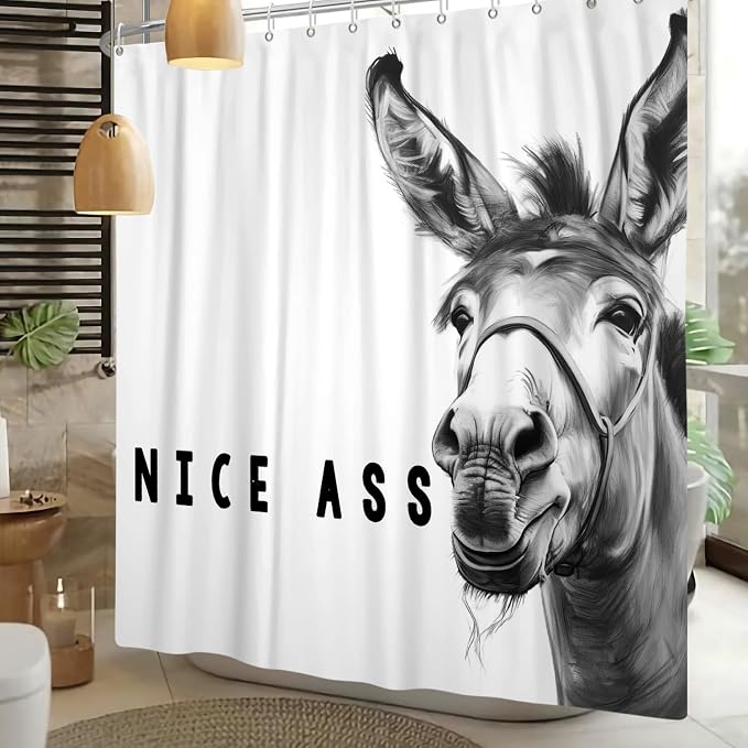 Funny Donkey Shower Curtains Joke Hilarious Animal Bathroom Curtain Rustic Farmhouse Cute Donkey White Shower Curtain Sets for Bathroom Extra Long 60x72 in with 10 Hooks