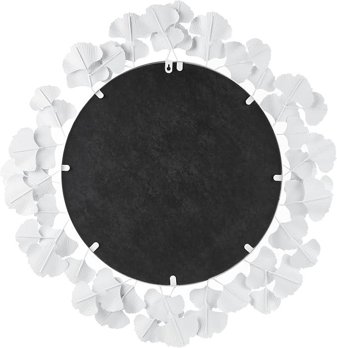 Martha Stewart Wall Décor Large Gingko Leaf Round Wall Mirror for Living Room, Iron Metal Plate Frame Antique Finish, Ready to Hang Bedroom Decoration, Eden, 30.5", White