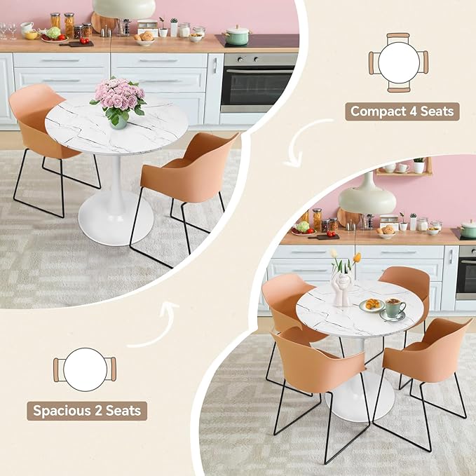 Round Dining Table 27.5" Faux Marble White Tulip Table with Pedestal Base for 2-4 People Small Space - Kitchen Living Room Cafe
