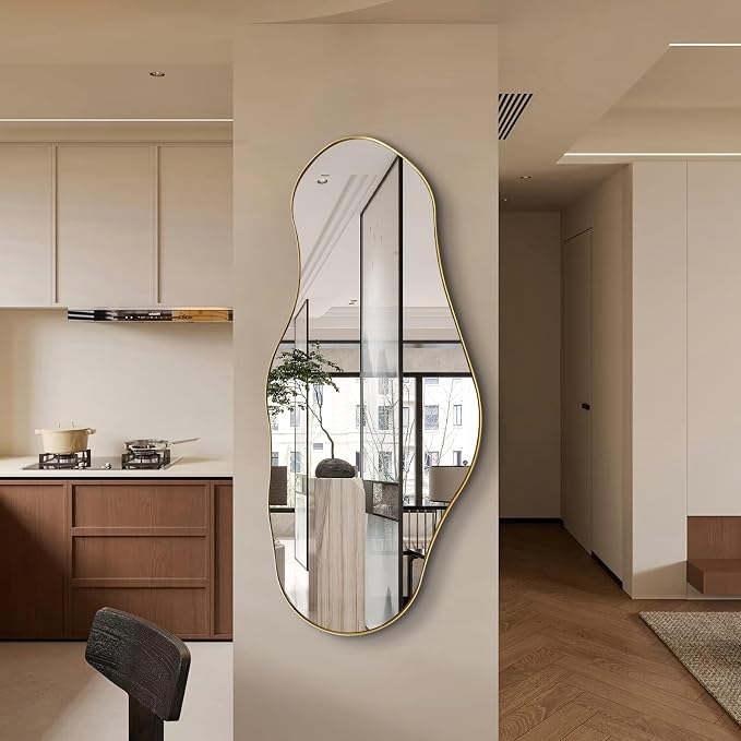 Irregular Mirror, 47"x20.5" Asymmetrical Decorative Accent Mirror with Black Metal Frame, Large Organic Shape Mirrors for Entryway Bedroom Living Room, Horizontal or Vertical Hangin