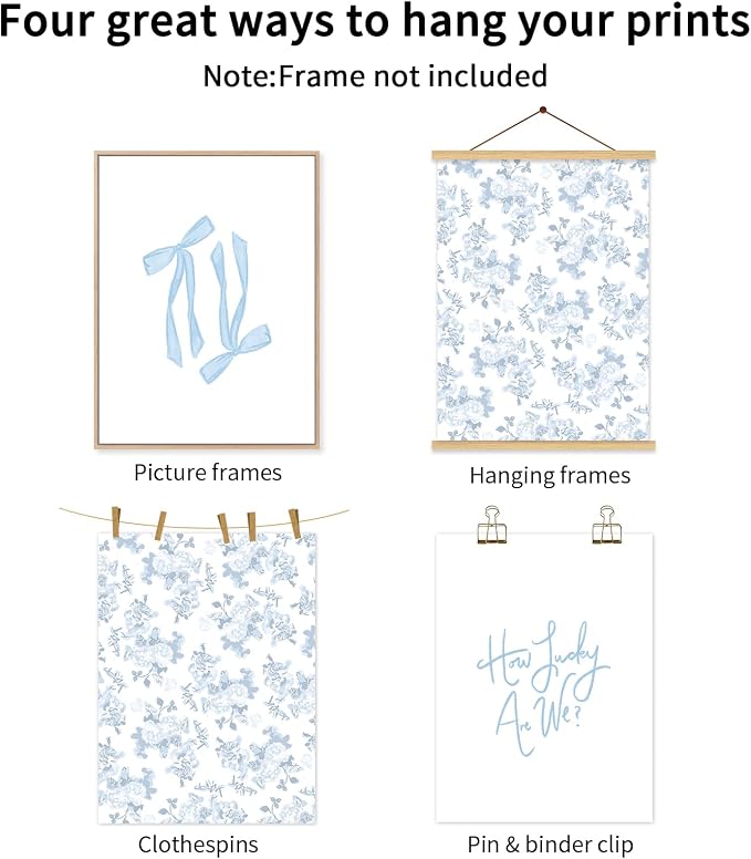 Baccone Blue Bow Wall Art Floral Canvas Wall Decor Coquette Flower Wall Art Trendy Aesthetic Poster Girly Preppy Pictures Blue Floral Prints for Living Room Bathroom 12x16 Inch Unframed Set of 3
