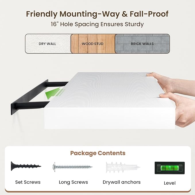 Deep Floating Shelves | 40 Inch White Floating Shelves Set of 2 | 12 Inch Deep Wood Wall Shelves | 40" W x 12" D White Shelves for Bathroom Living Room Kitchen Laundry Room