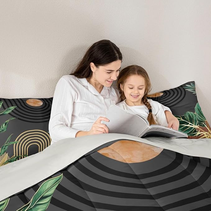 Erosebridal Mid Century Bedding Set Twin Brown Black Boho Geometric Comforter Set Tropical Modern Palm Leaf Down Comforter for Teenager Abstract Bohemian Aesthetic Bed Set Bedroom Decor