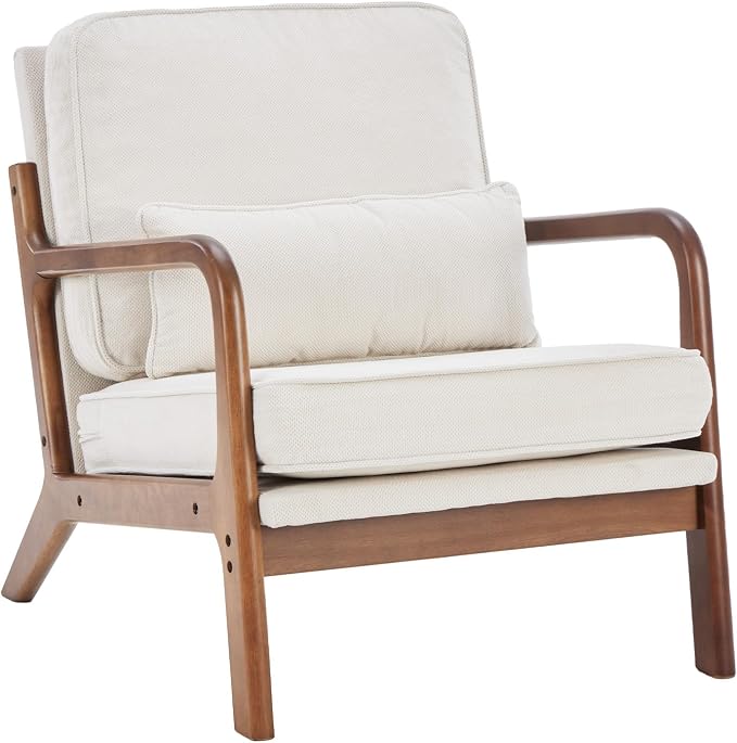 DUMOS Accent Chairs Set of 2,Mid Century Modern Chair with Arms and Waist Cushion, Reading Chairs for Adults, Lounge Chair for Living Room and Bedroom, Solid Wooden Frame, Cream