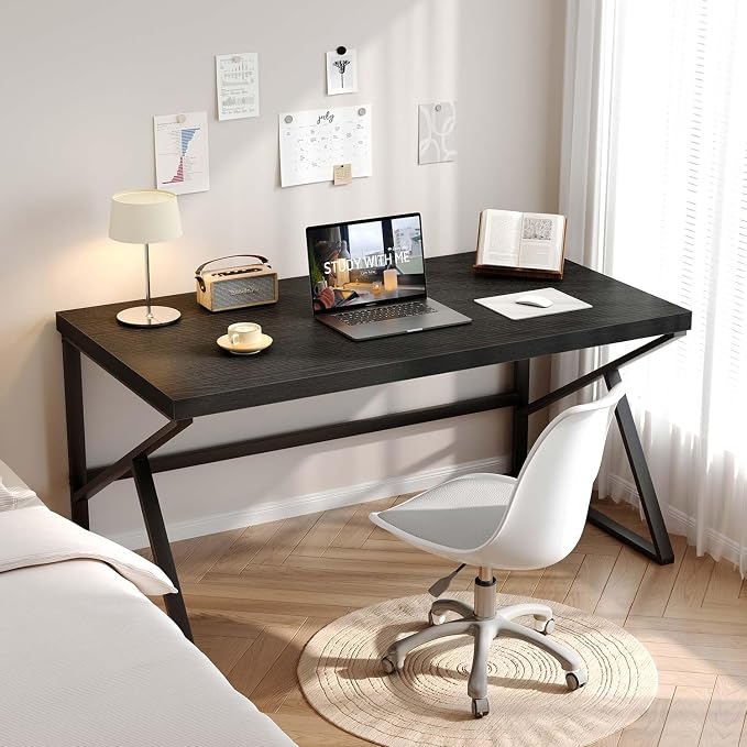 HSH Black Desk, Modern Industrial Home Office Computer Desk, Laptop PC Desk for Student Work Writing Study Gaming, Simple Metal and Wooden Computer Table in Bedroom Living Room Workstation, 55 Inch