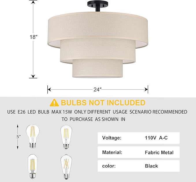 Doraimi Lighting 3 Tier Linen Drum Fabric Semi Flush Mount Light Modern Farmhouse Decor 7 Light 24 Inch Black Finish for Kitchen Living Room Dining Room Corridor Hallway